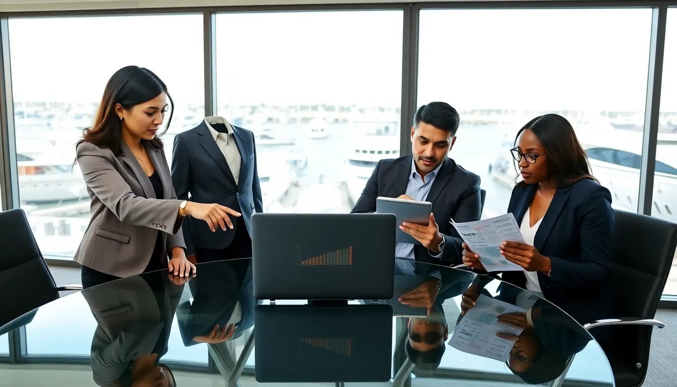 diverse team discussing marine finance in a modern office.