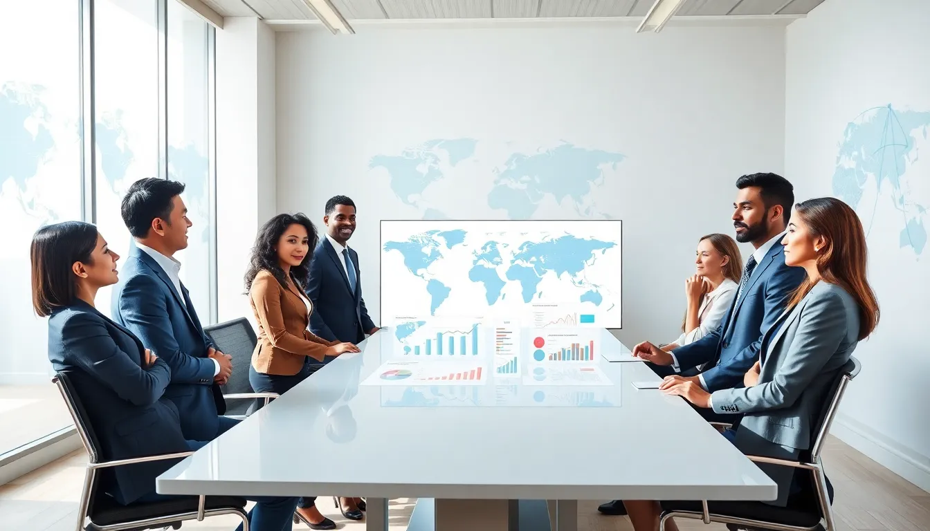 diverse professionals discussing global affairs in a modern office.