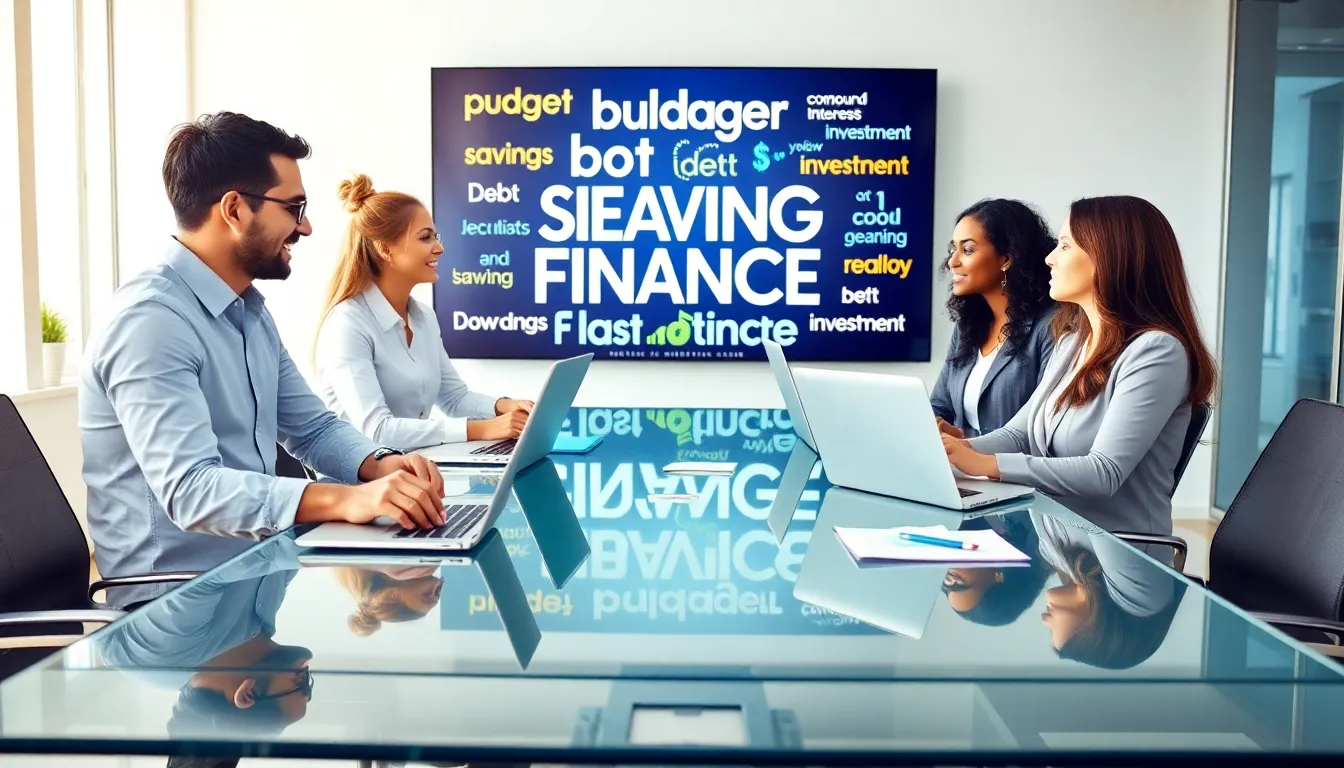 professionals discussing personal finance keywords in a modern office.