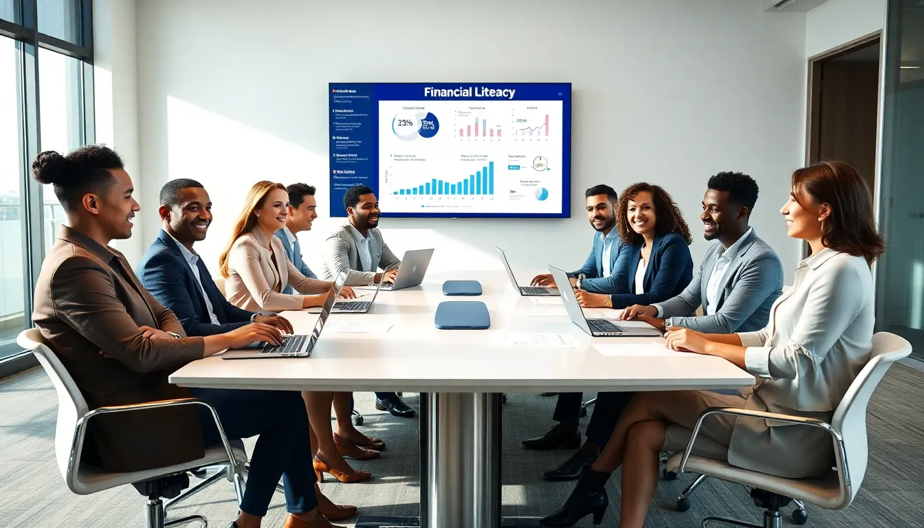 diverse professionals discussing personal finance in a modern office.